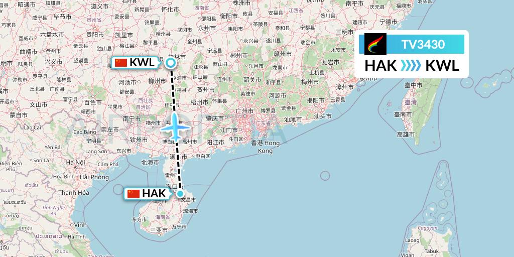 TV3430 Tibet Airlines Flight Map: Haikou to Guilin
