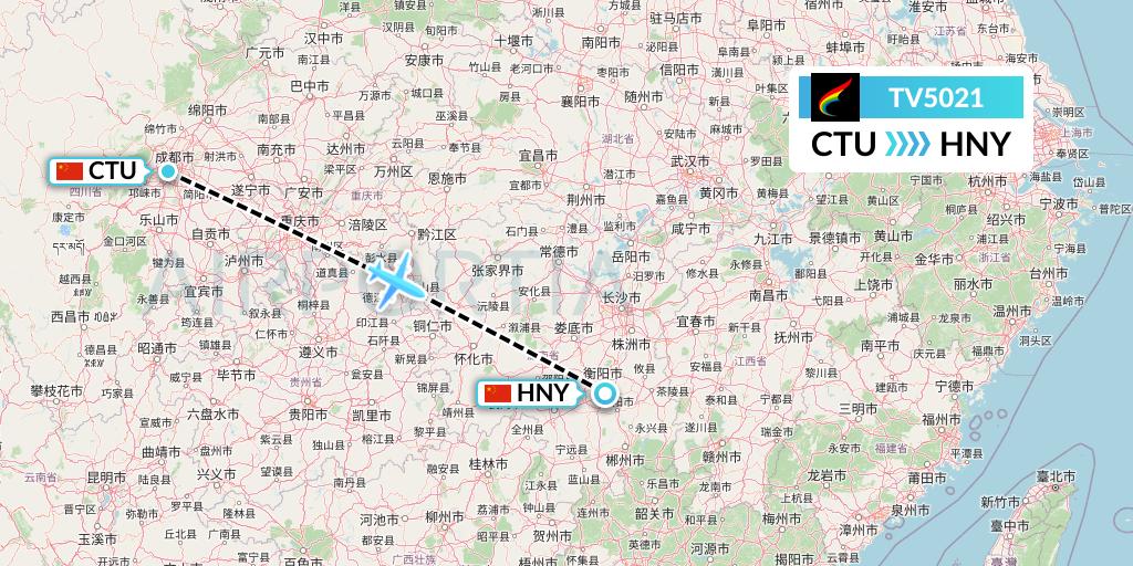 TV5021 Tibet Airlines Flight Map: Chengdu to Hengyang