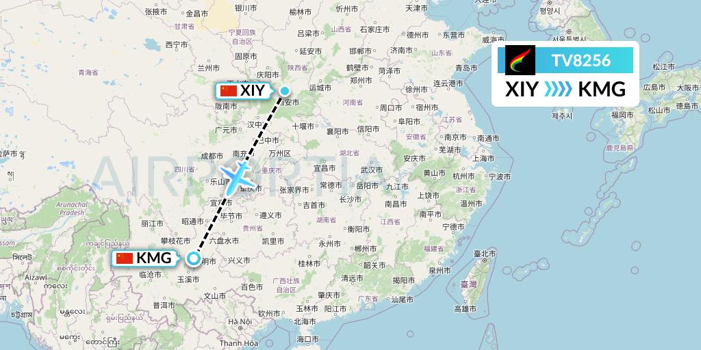 TV8256 Tibet Airlines Flight Map: Xi'an to Kunming