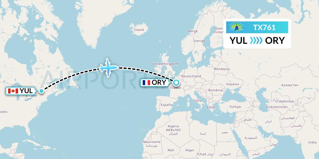 TX761 Air Caraibes Flight Map: Montreal to Paris