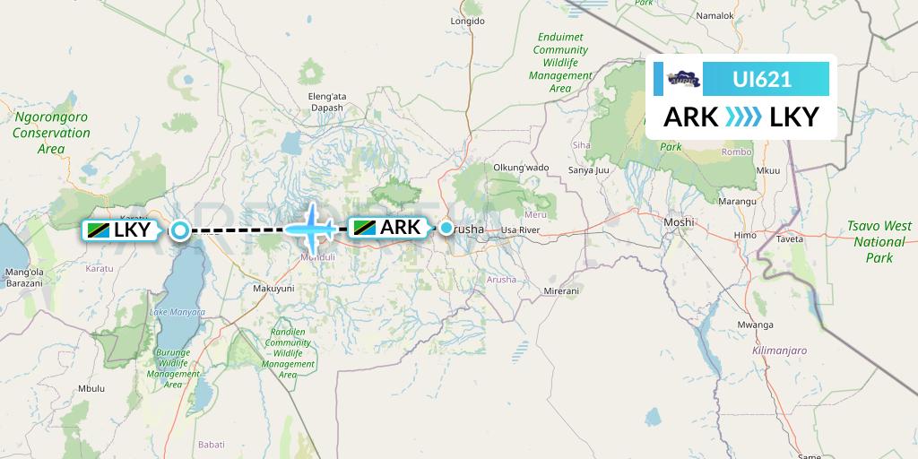 UI621 Auric Air Flight Map: Arusha to Lake Manyara National Park