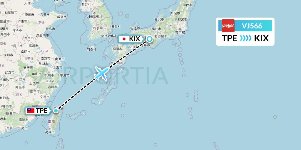 VJ566 VietJet Air Flight Map: Taipei to Osaka