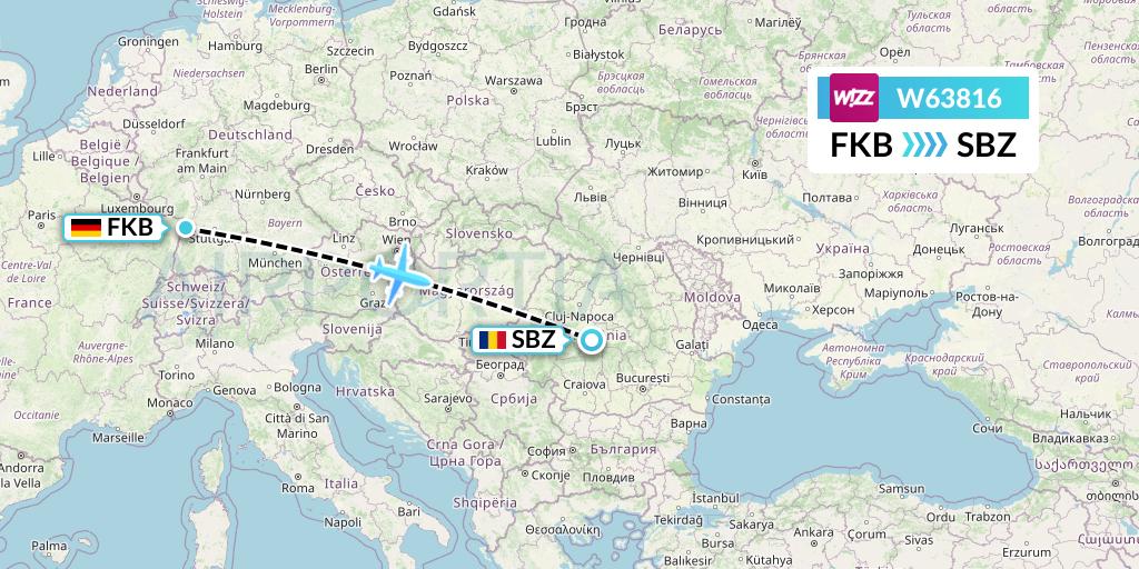 W63816 Wizz Air Flight Map: Karlsruhe/Baden-Baden to Sibiu