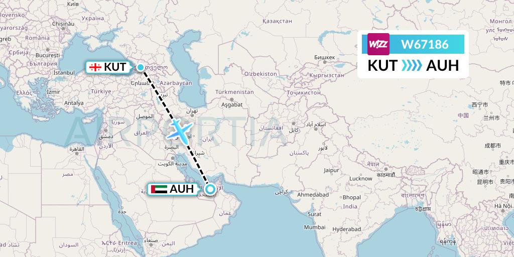 W67186 Wizz Air Flight Map: Kutaisi to Abu Dhabi