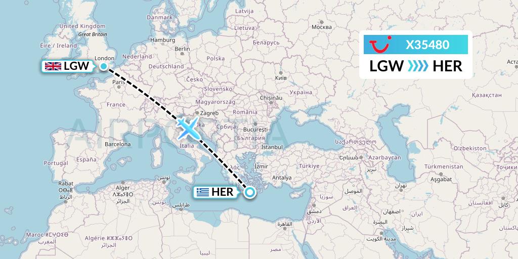 X35480 TUI fly Germany Flight Map: London to Heraklion