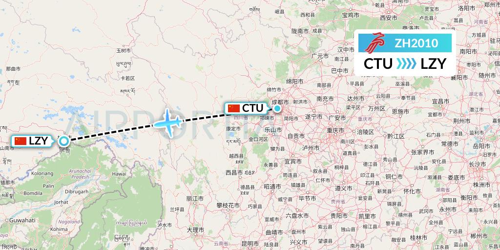ZH2010 Shenzhen Airlines Flight Map: Chengdu to Nyingchi