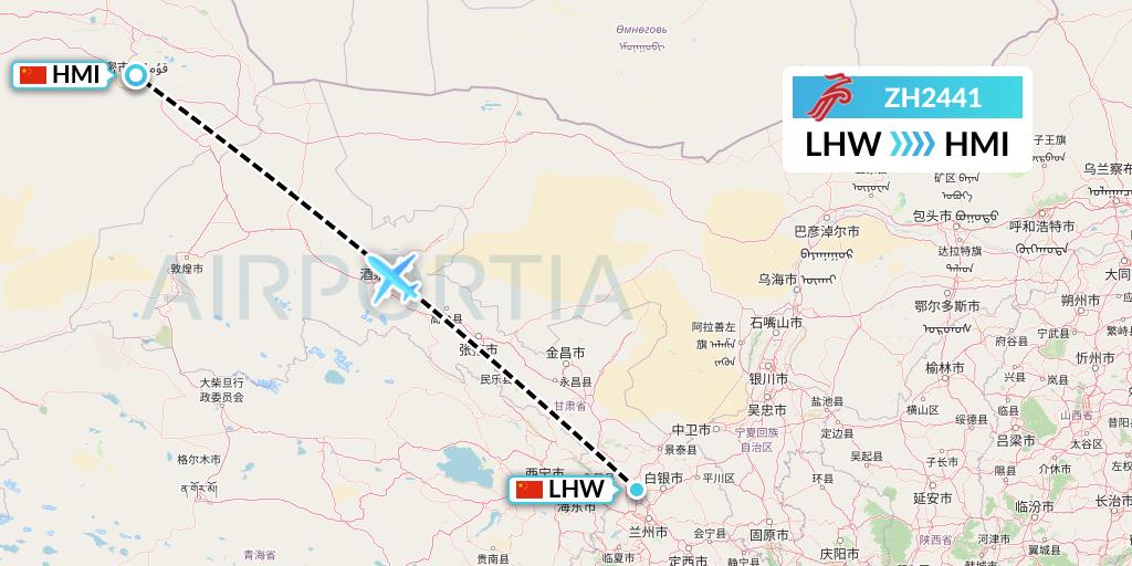 ZH2441 Shenzhen Airlines Flight Map: Lanzhou to Hami City