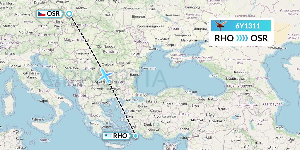 6Y1311 SmartLynx Flight Map: Rhodes to Ostrava