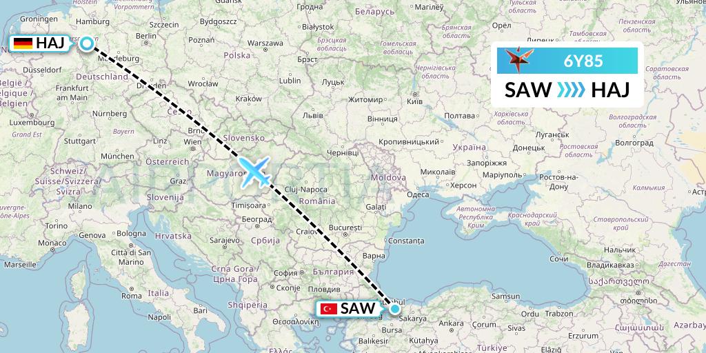 6Y85 SmartLynx Flight Map: Istanbul to Hannover
