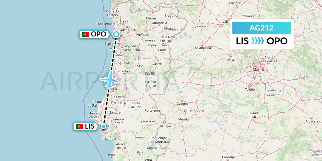 AG212 Aruba Airlines Flight Map: Lisbon to Porto