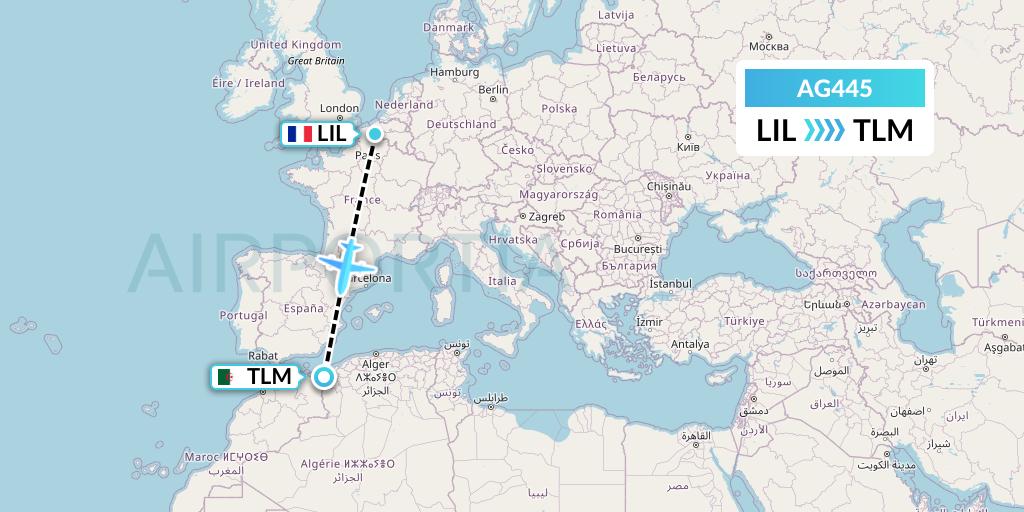 AG445 Aruba Airlines Flight Map: Lille to Tlemcen