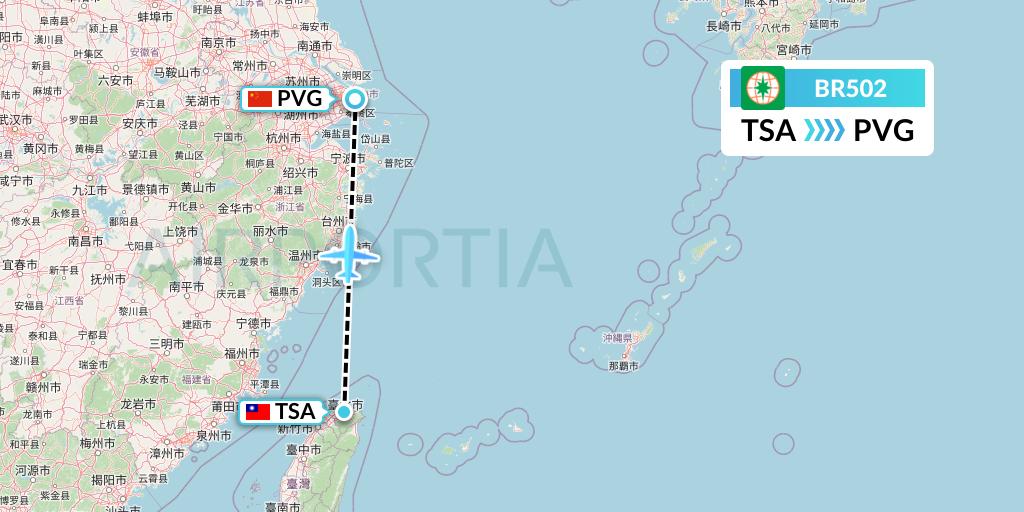 BR502 EVA Air Flight Map: Taipei to Shanghai