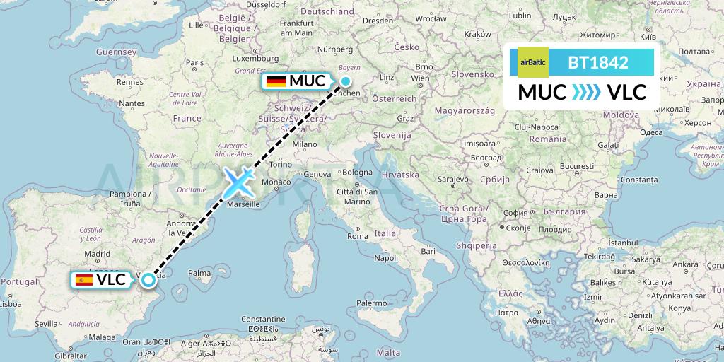 BT1842 Air Baltic Flight Map: Munich to Valencia
