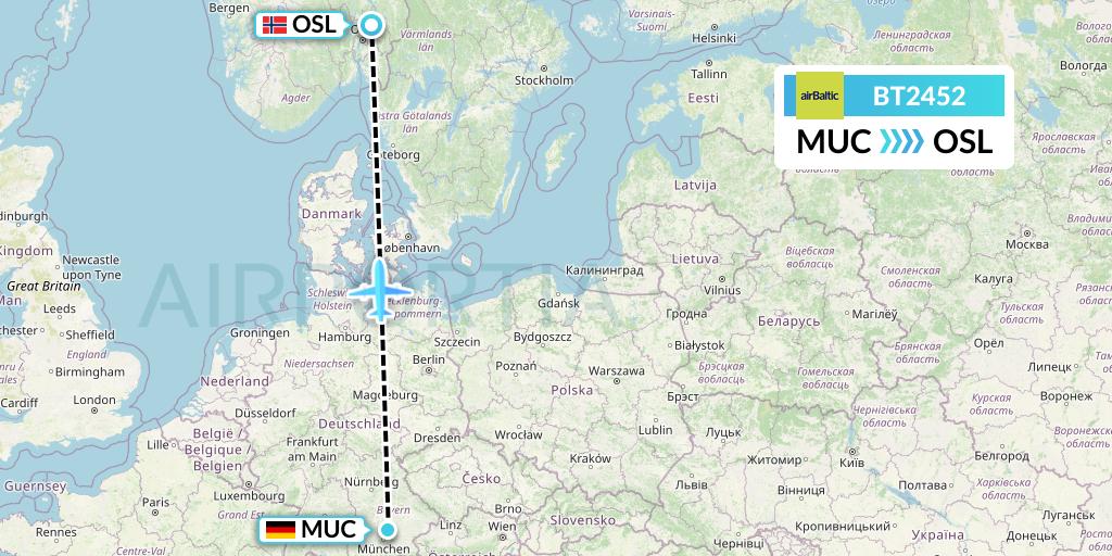 BT2452 Air Baltic Flight Map: Munich to Oslo