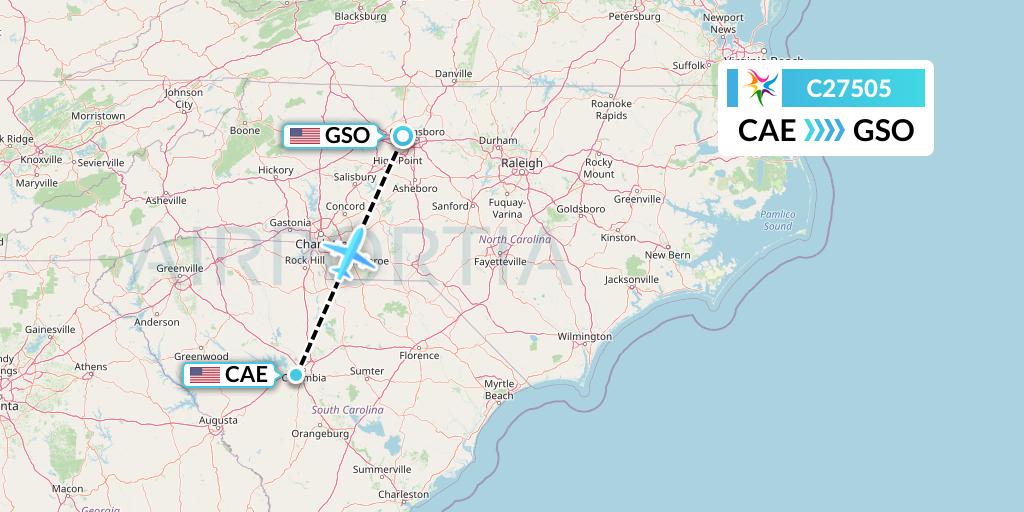 C27505 Ceiba Intercontinental Flight Map: Columbia to Greensboro
