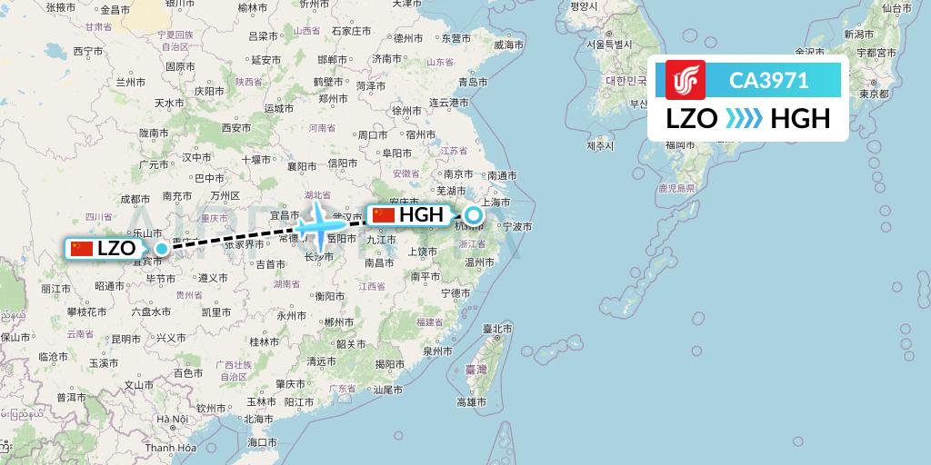 CA3971 Air China Flight Map: Luzhou to Hangzhou