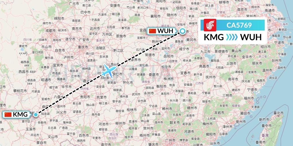 CA5769 Air China Flight Map: Kunming to Wuhan