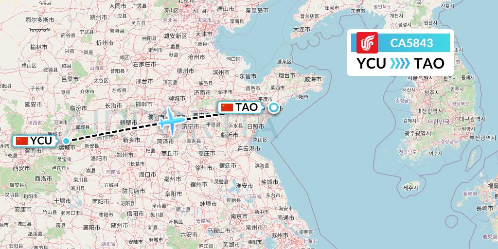 CA5843 Air China Flight Map: Yuncheng to Qingdao