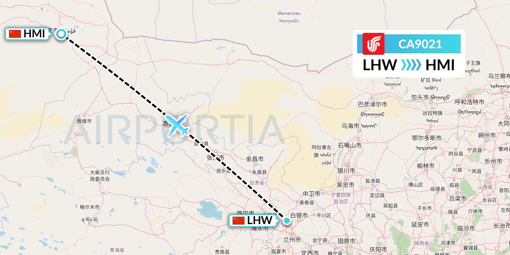 CA9021 Air China Flight Map: Lanzhou to Hami City