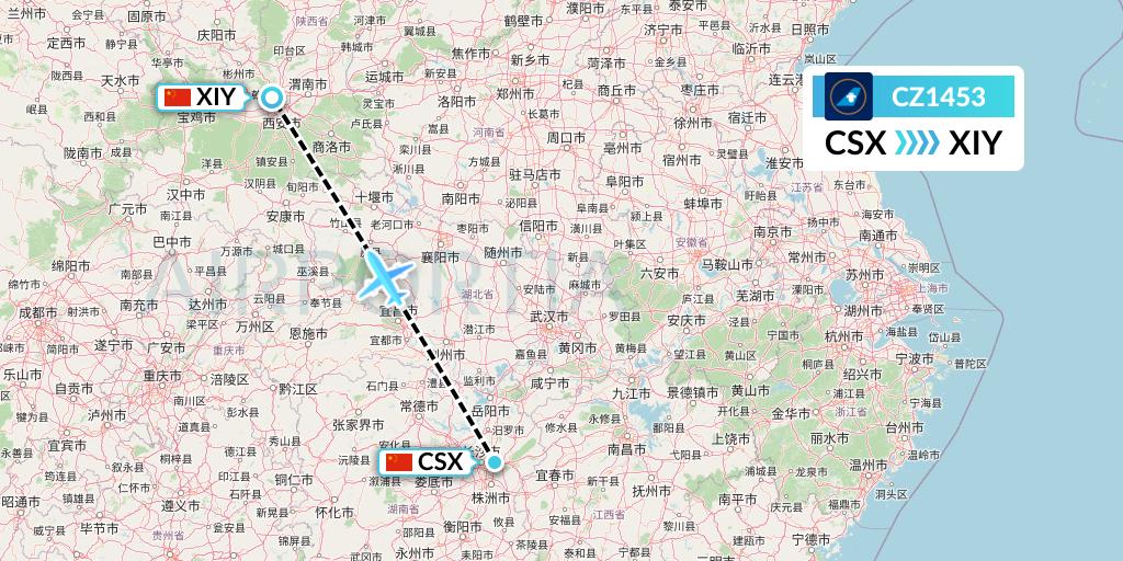 CZ1453 China Southern Airlines Flight Map: Changsha to Xi'an