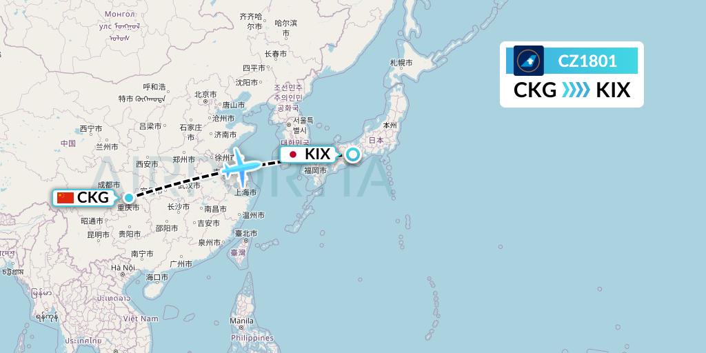 CZ1801 China Southern Airlines Flight Map: Chongqing to Osaka