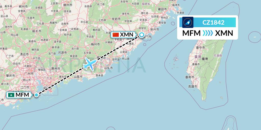 CZ1842 China Southern Airlines Flight Map: Macau to Xiamen