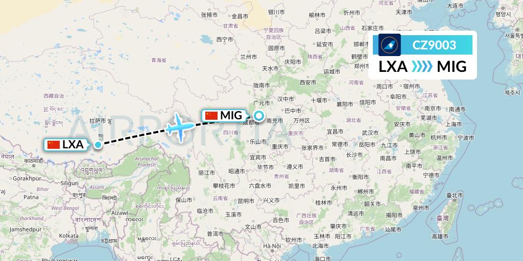 CZ9003 China Southern Airlines Flight Map: Lhasa to Mianyang