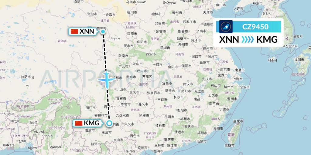CZ9450 China Southern Airlines Flight Map: Xining to Kunming