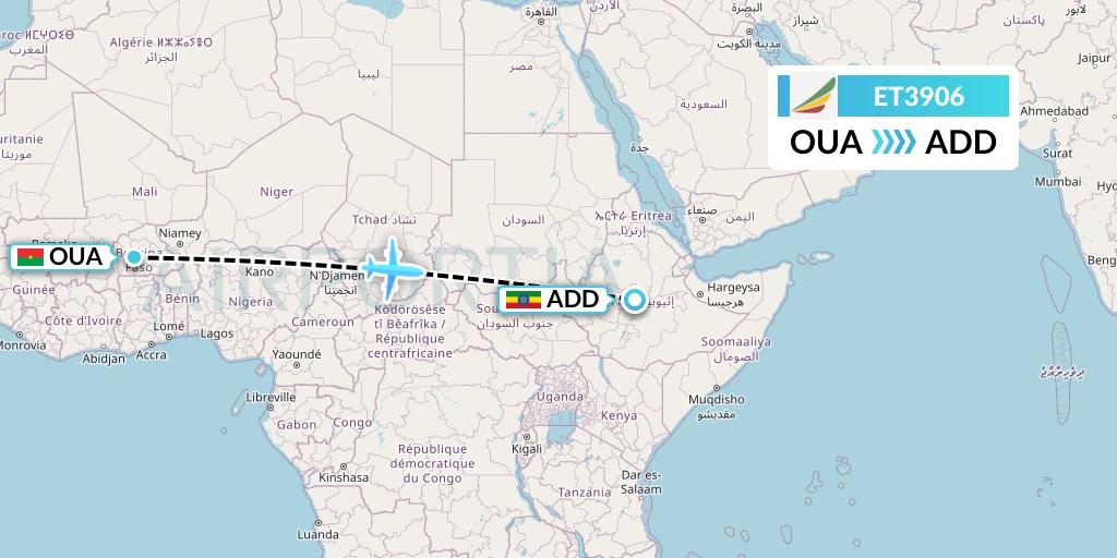 ET3906 Ethiopian Airlines Flight Map: Ouagadougou to Addis Ababa