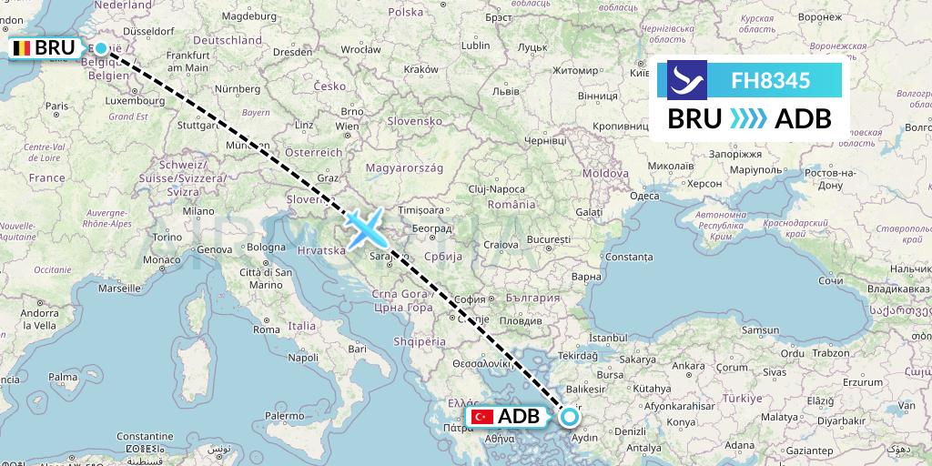 FH8345 Freebird Airlines Flight Map: Brussels to Izmir