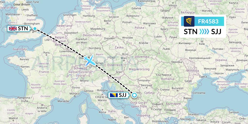 FR4583 Ryanair Flight Map: London to Sarajevo