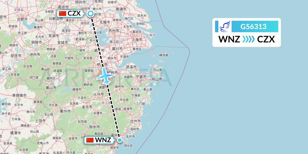 G56313 China Express Airlines Flight Map: Wenzhou to Changzhou