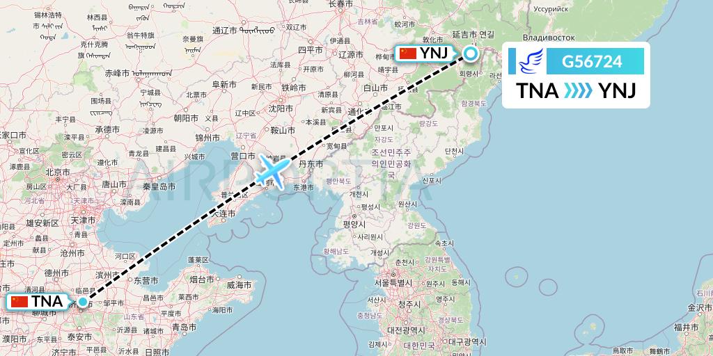 G56724 China Express Airlines Flight Map: Jinan to Yanji