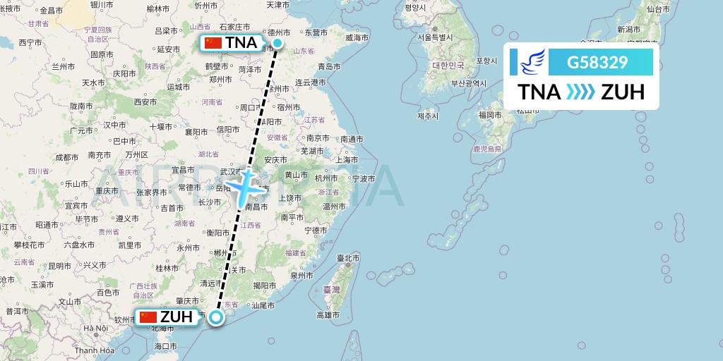 G58329 China Express Airlines Flight Map: Jinan to Zhuhai
