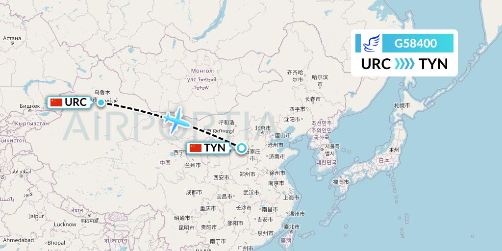 G58400 China Express Airlines Flight Map: Urumqi to Taiyuan