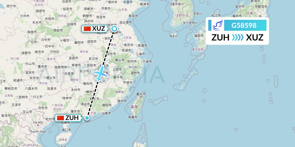 G58598 China Express Airlines Flight Map: Zhuhai to Xuzhou
