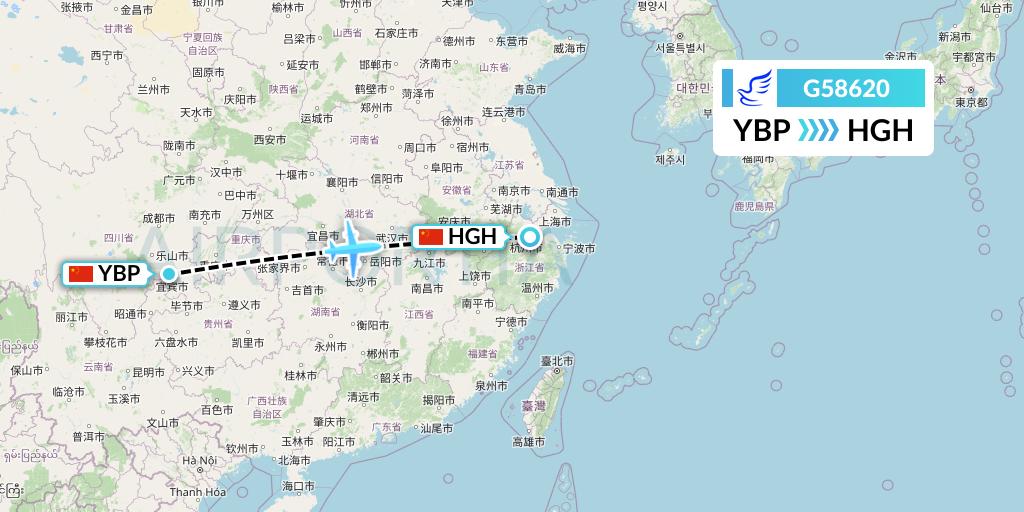 G58620 China Express Airlines Flight Map: Yibin to Hangzhou