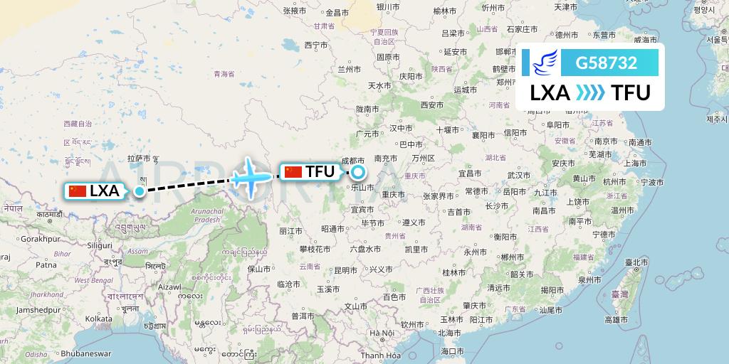 G58732 China Express Airlines Flight Map: Lhasa to Chengdu