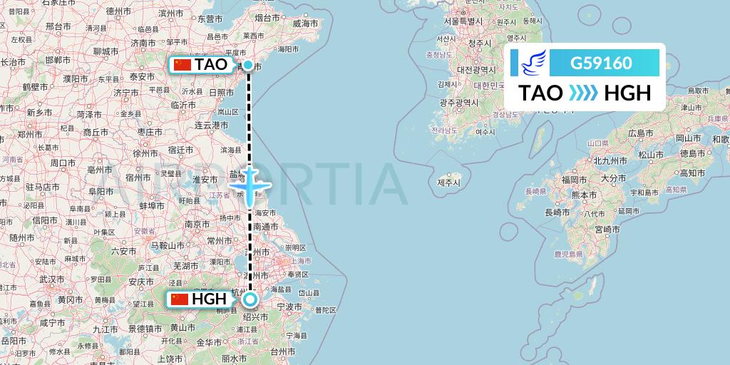 G59160 China Express Airlines Flight Map: Qingdao to Hangzhou