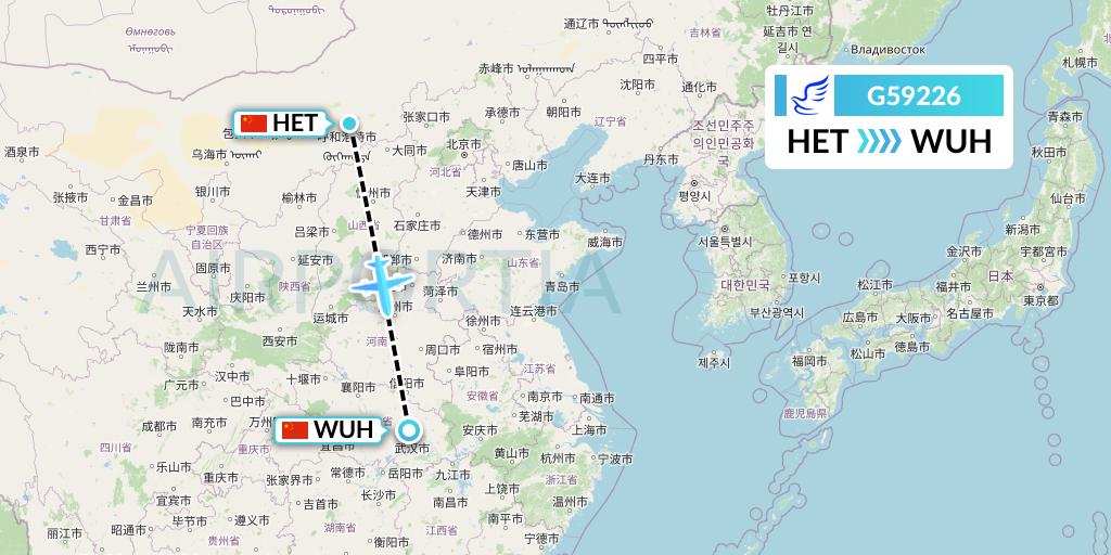G59226 China Express Airlines Flight Map: Hohhot to Wuhan