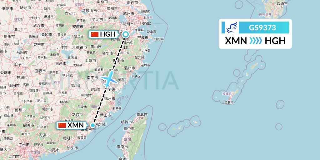 G59373 China Express Airlines Flight Map: Xiamen to Hangzhou