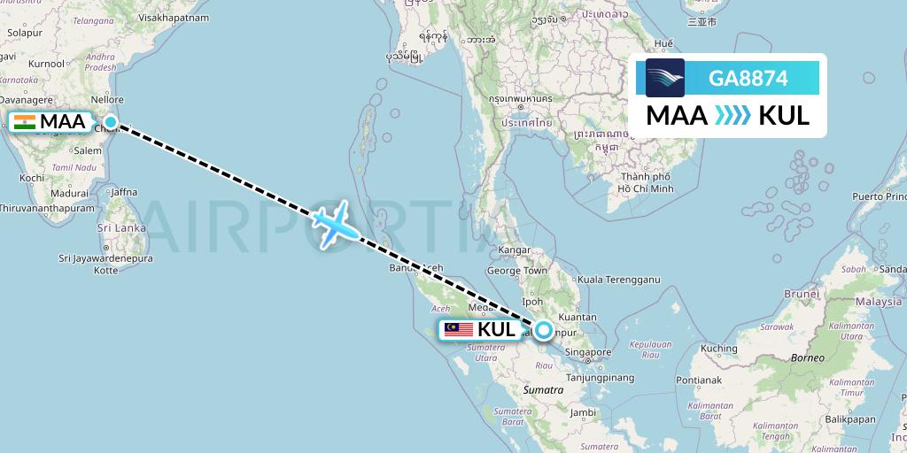 GA8874 Garuda Indonesia Flight Map: Chennai to Kuala Lumpur