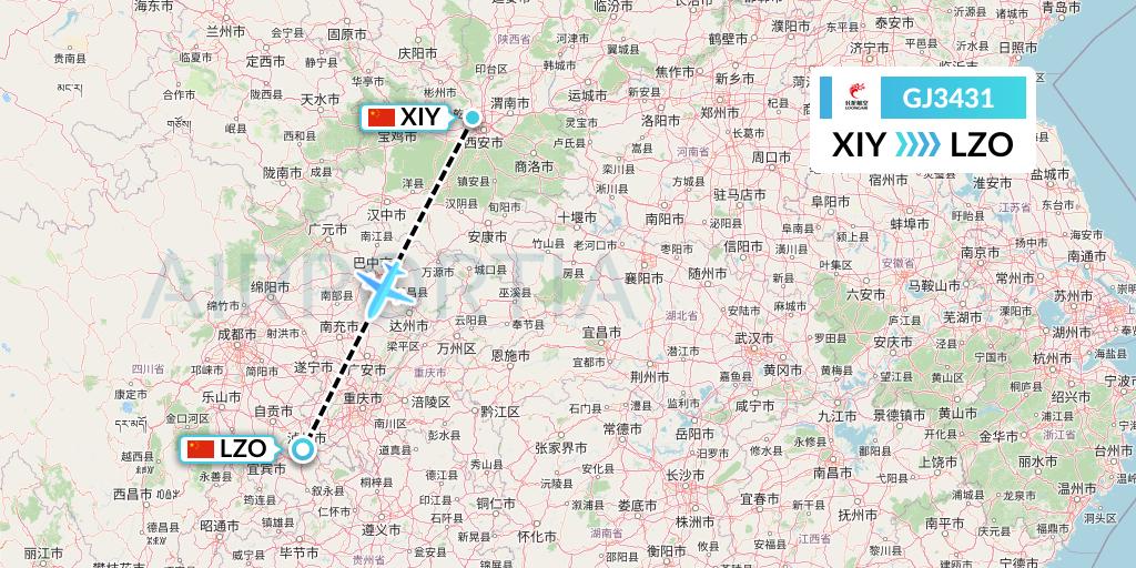 GJ3431 Loong Airlines Flight Map: Xi'an to Luzhou