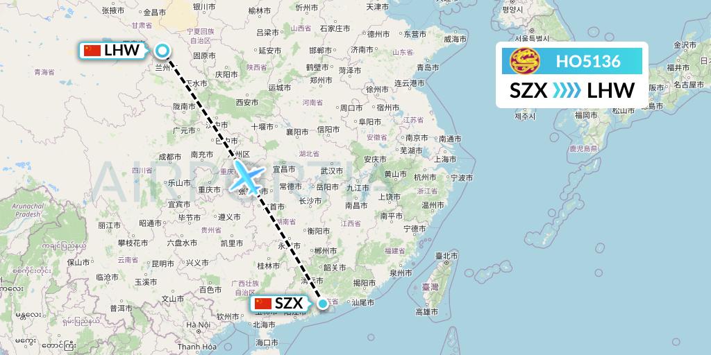 HO5136 Juneyao Airlines Flight Map: Shenzhen to Lanzhou