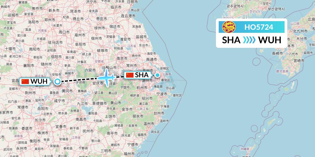 HO5724 Juneyao Airlines Flight Map: Shanghai to Wuhan