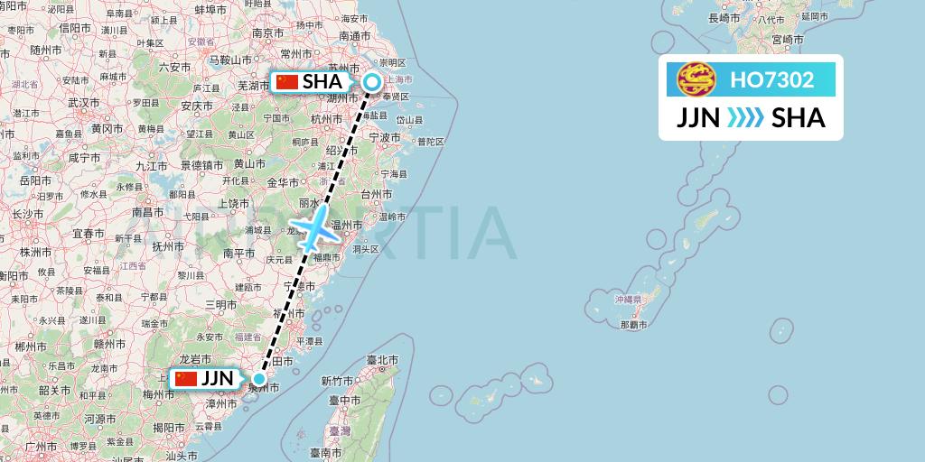 HO7302 Juneyao Airlines Flight Map: Jinjiang to Shanghai