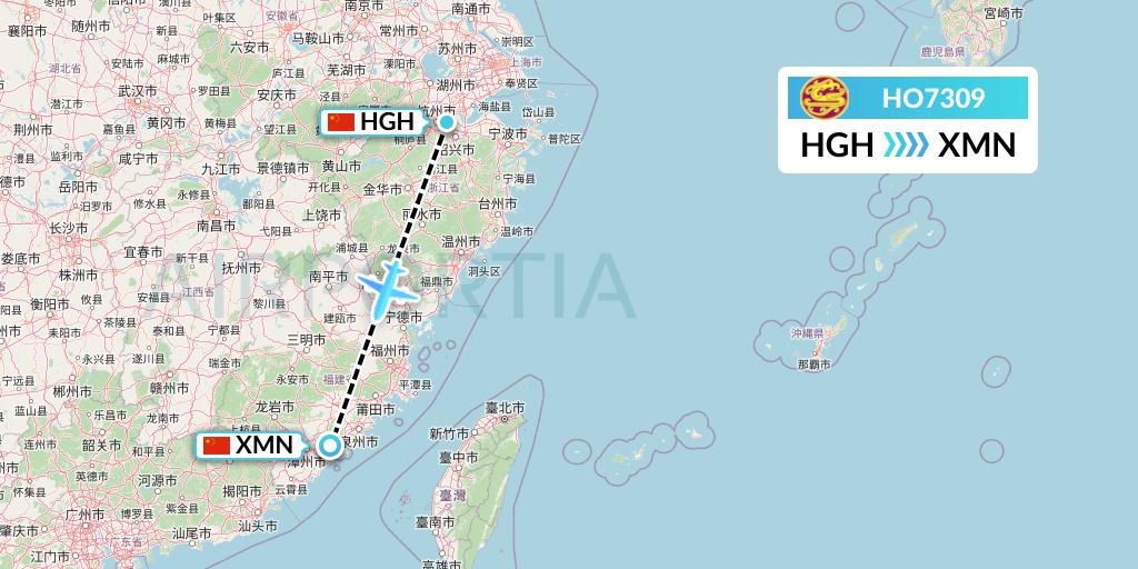 HO7309 Juneyao Airlines Flight Map: Hangzhou to Xiamen