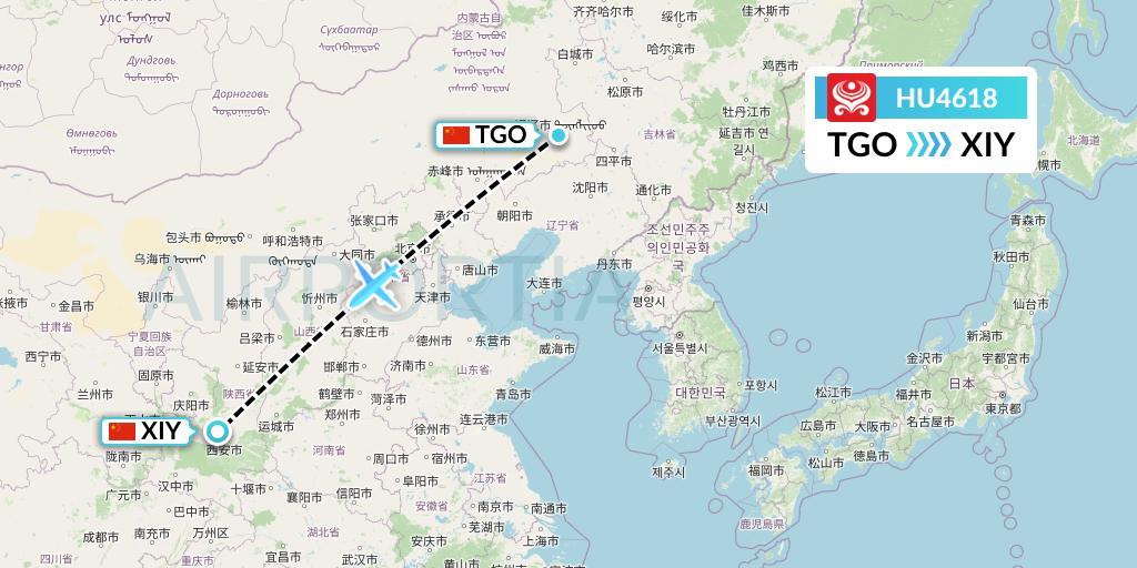 HU4618 Hainan Airlines Flight Map: Tongliao to Xi'an