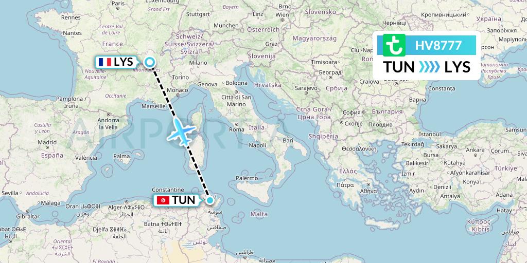 HV8777 Transavia Flight Map: Tunis to Lyon