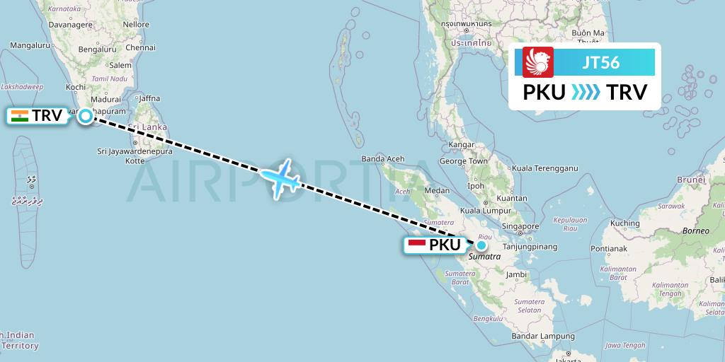 JT56 Lion Airlines Flight Map: Pekanbaru to Thiruvananthapuram